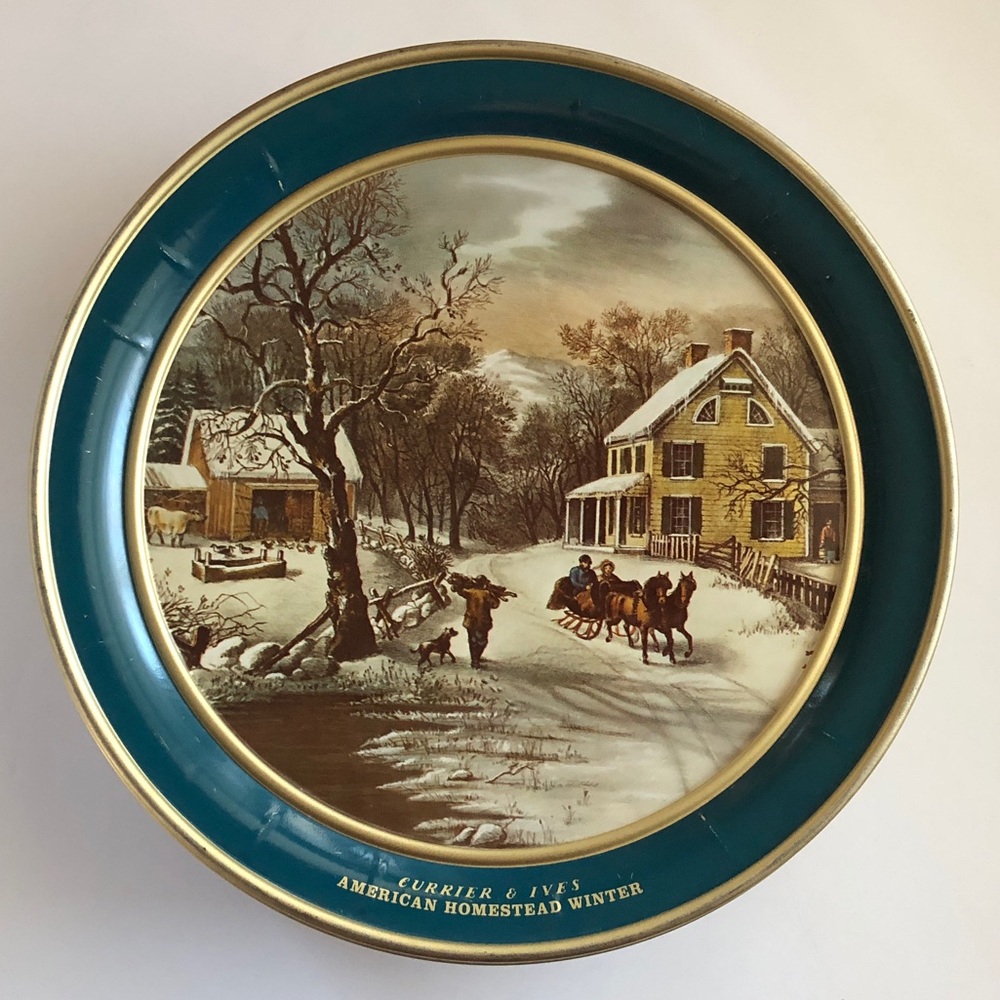 Currier & Ives 'American Homestead Winter' Decorative tin - Teal & Gold